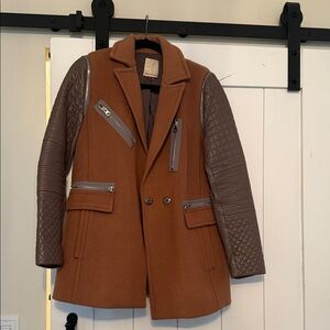 Rebecca Taylor Tan Coat with Quilted Gray Sleeves